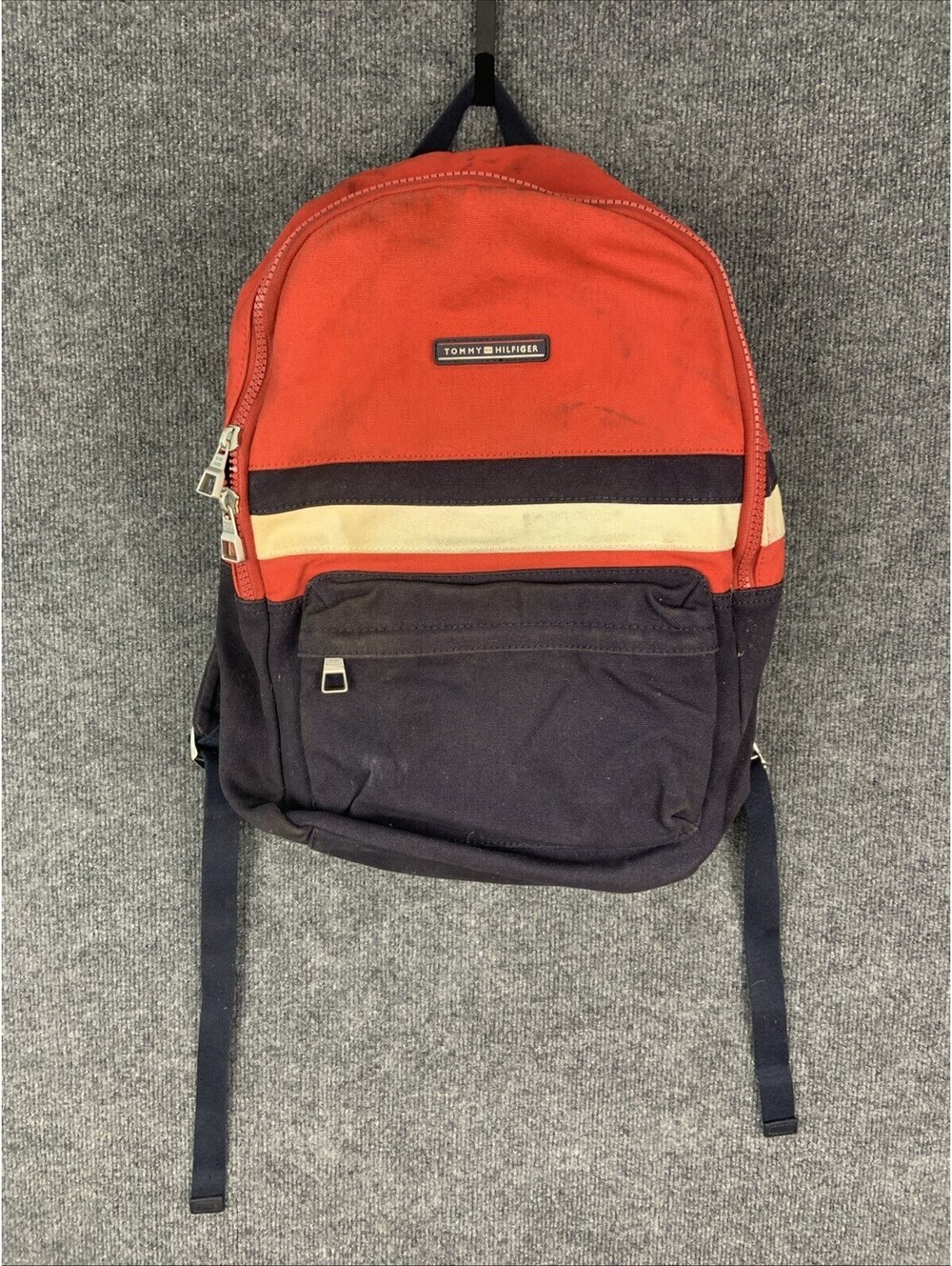 Tommy Hilfiger Red White Blue Navy 16" Canvas Heavy Duty Backpack Vintage